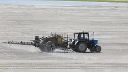 Трактор приступил к работе на пляжах хвостохранилища Лебединского ГОКа в Губкине 